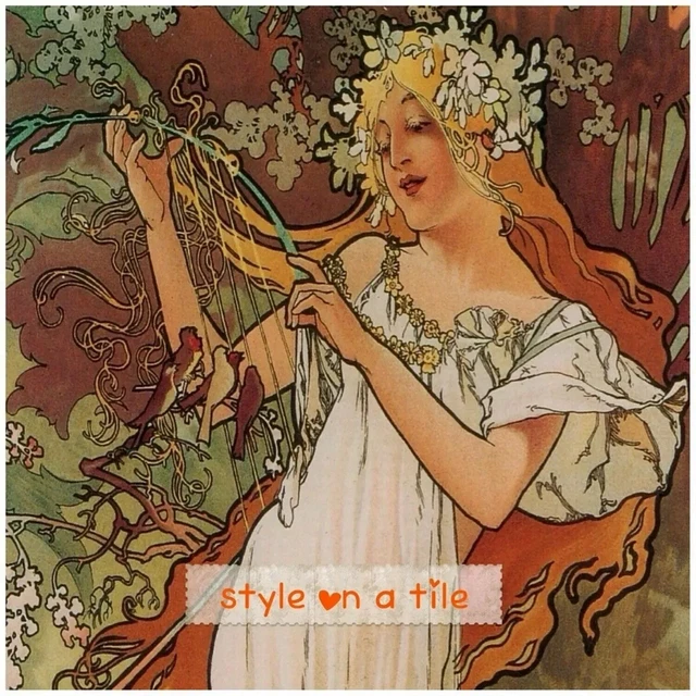 Jugendstil Alphonse Mucha Four Seasons Spring Lady 9 cm quadratisch Untersetzer Matte Auflage
