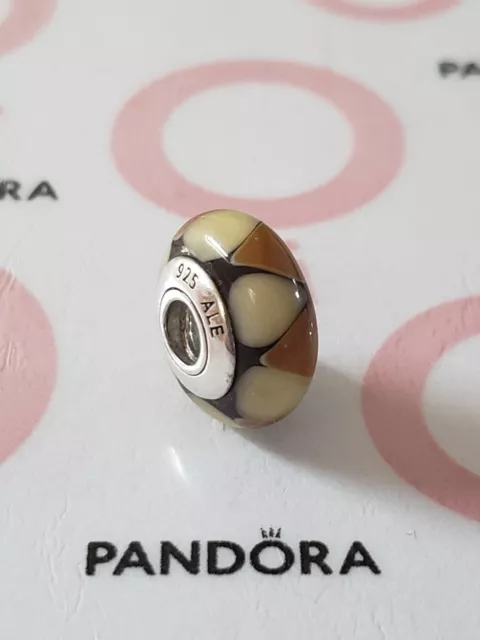 Genuine Pandora Silver Tan & Cream Triangles Murano Glass Bead Charm 925 ALE