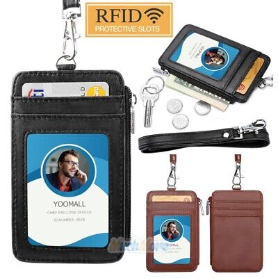 ID Badge Card Holder Faux Leather Vertical Clip Neck Strap Lanyard Necklace Case