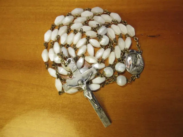 Antique Art Deco Translucent White Glass Bead Rosary-B. Mary/Sacred Heart/Caps