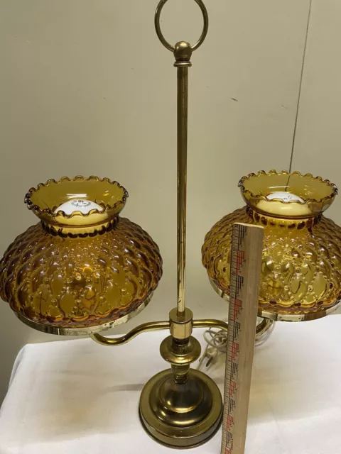 Vtg MCM Brass Electric Twin Arm Double Light Student Lamp w Quilted Amber Shades 2