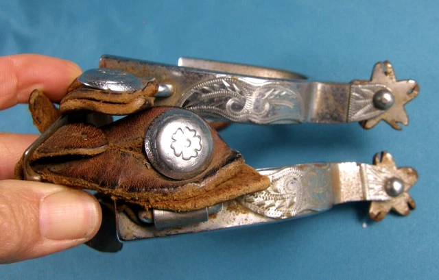 VINTAGE WESTERN COWBOY CROCKETT RENALDE MUSTACHE SPURS w/Leather Straps *Marked*