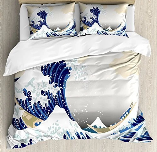 Wave Duvet Cover Set, Hokusai Pattern Japanese Ukiyoe Themed Queen Navy Beige