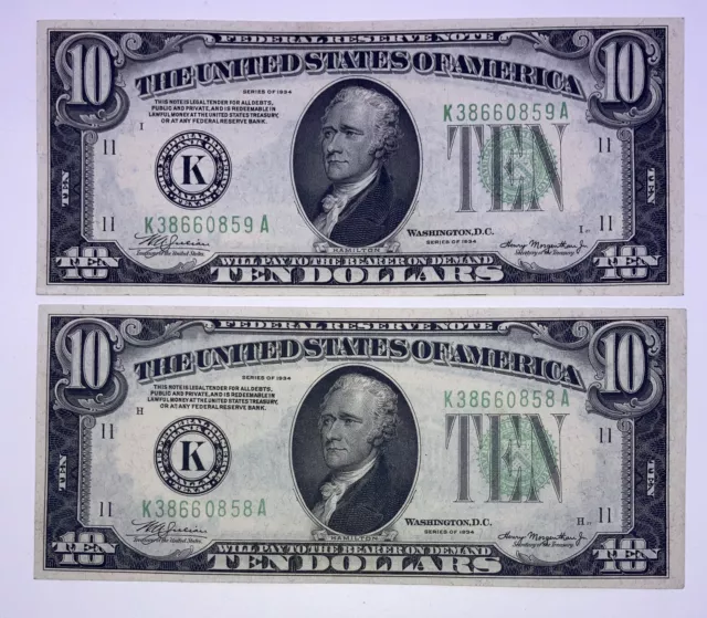 1934 ($10) Ten Dollar  Green Seal Consecutive Set Of (2) Two Notes