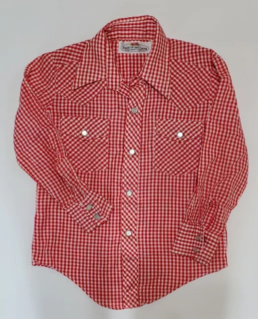 Vintage Fruit Of The Loom Boys Shirt Western Red Gingham Pearl Snap Size 7