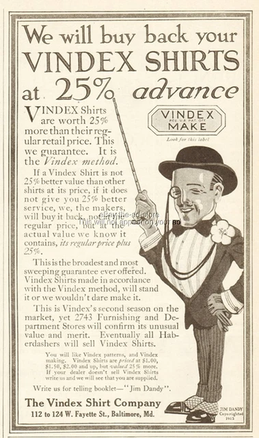 1912 Vindex Men's Shirts Baltimore MD Jim Dandy Early 1900's Vintage Clothing Ad