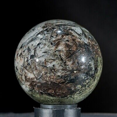56mm Natrolite with Aegirine and Murmanite rock sphere. Collectible mineral ball