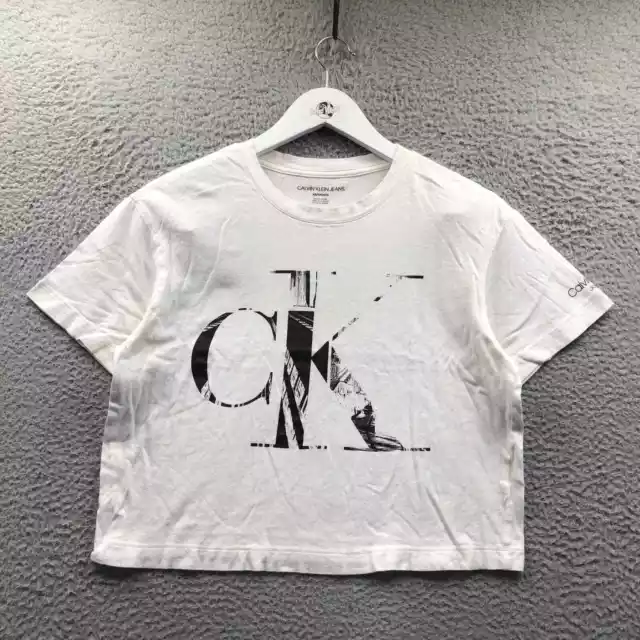 Calvin Klein Crop Top Women's XS Short Sleeve Crew Neck Graphic Logo White