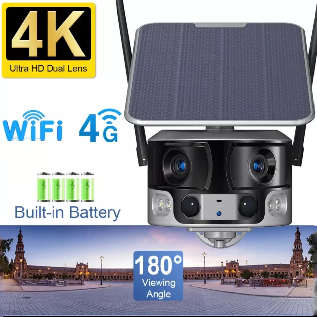 4K 8MP Dual Lens 4G SIM Card Solar Camera Outdoor WIFI 180° PTZ PIR CCTV IR Cam 3