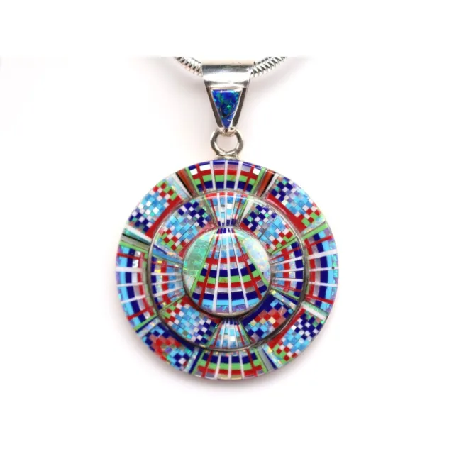 Large Micro Geometric Inlay Pendant - Sterling Silver Southwestern Art Necklace