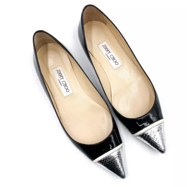 JIMMY CHOO ALFONSO Flats Black Patent Leather Silver Cap Pointed Toe Sz ...