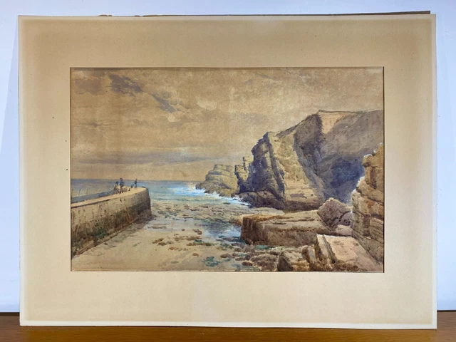 Large Watercolour View from Portreath Wharf Province of Cornwall Late 19th Century