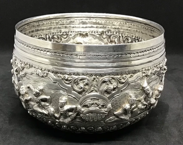 Antique Indian Indonesian Solid Silver Bowl High Relief Figural Repousse Scenes