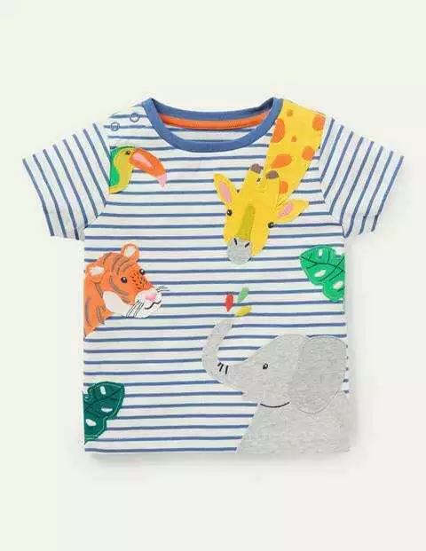 MINI BODEN Baby Jungen T-Shirt Tops Jersey Baumwolle gestreift bestickt Tiere NEU