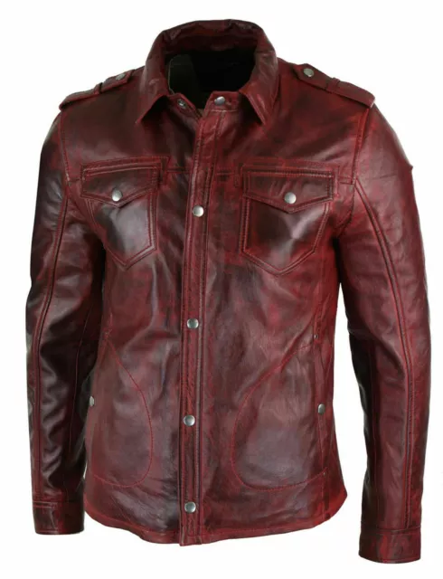 New Mens Shirt Jacket Burgundy Red Real Leather Soft Genuine Waxed Leather Shirt