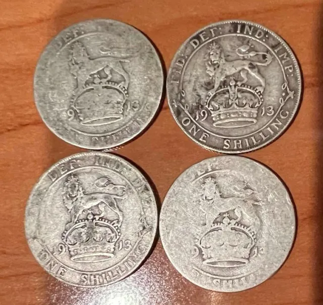 Lot Of 4 1913 George V .925 Silver Shillings Semi-Rare Date
