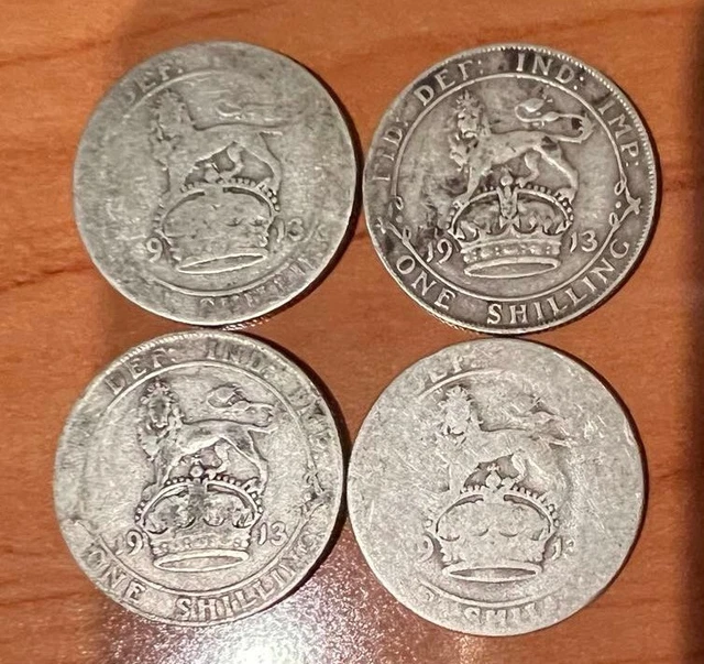 Lot Of 4 1913 George V .925 Silver Shillings Semi-Rare Date Lot Of 4 1913 George V .925 Silver Shillings Semi-Rare Date