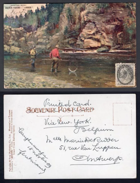 COUGHNAWAGA Quebec 1909 Split Ring on Postcard to Belgium. ½c QV Numeral