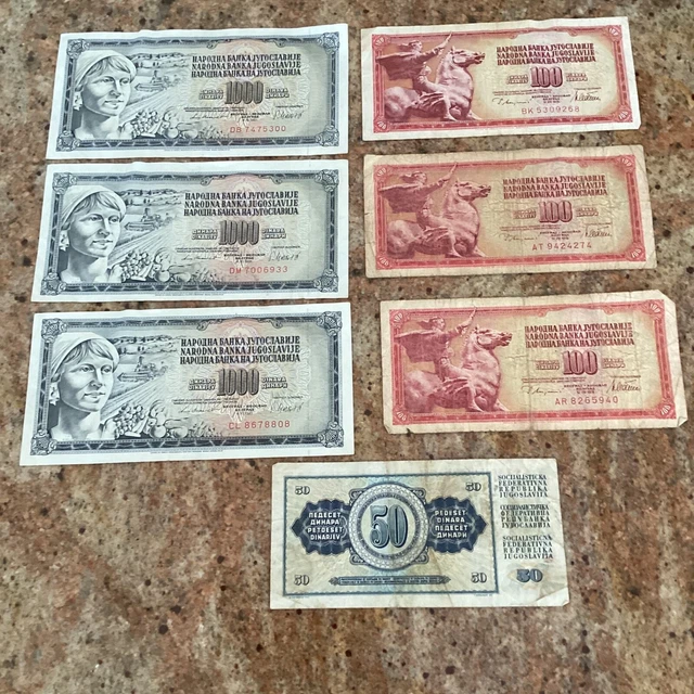 Lot of 7 Yugoslavia Banknotes 3 x 1000 Dinara , 3 x 100 Dinara & 50 Dinara