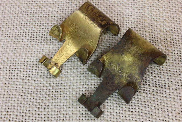 2 old Picture Molding Rail Hooks Brass Painting Hangers vintage VERY tarnished 2