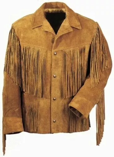 Western Cowboy Style - Men Tan Brown Suede Leather Jacket Fringed & Buttons