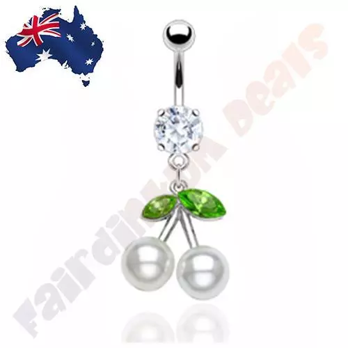 316L Surgical Steel Jewelled Belly Ring with White Pearl Cherry Dangle