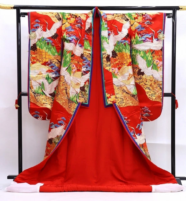Japanese Kimono Uchikake Luxurious Wedding Embroidery Pure Silk Crane Red K540 10