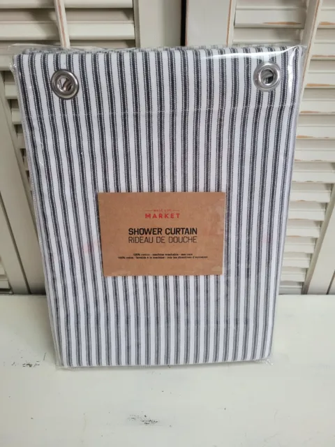 NEW West Elm Gray & White Railroad Striped 100% Cotton Shower Curtain