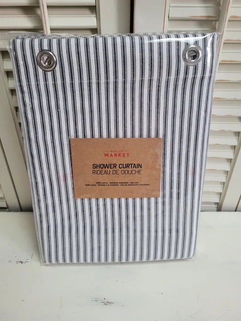 NEW West Elm Gray & White Railroad Striped 100% Cotton Shower Curtain