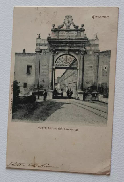 1905 cartolina RAVENNA+PORTA NUOVA+ANIMATA+FOTO B/N+viaggiata-e982