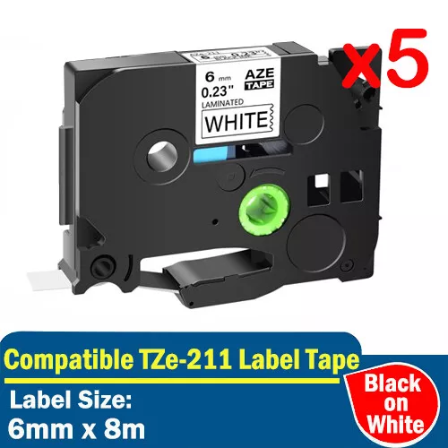 5x Compatible For Brother TZ-211 P-Touch Black on white Label Tape 6mm 8m TZe211