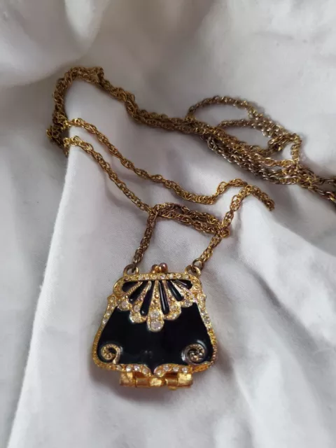Vintage Black Enamel Crystal Purse Locket Necklace 32” Pendant New Gold Tone