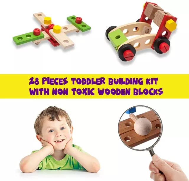 IXIR Wooden Nuts and Bolts Toy for Toddlers - 28 Pcs Wooden Building Blocks 2