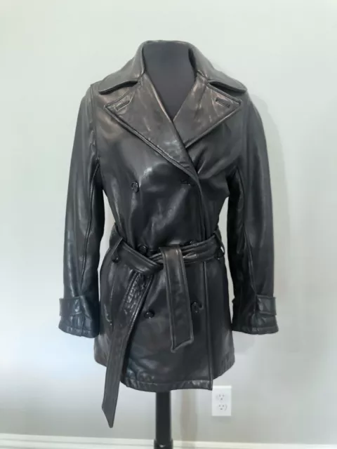 Vintage Women’s Andrew Marc Black Leather Belted Trench Coat / Jacket Size S