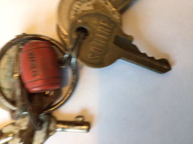 Vintage Red Barrel Key Ring With A Unique Key Sheffield Made Union Squire Keys