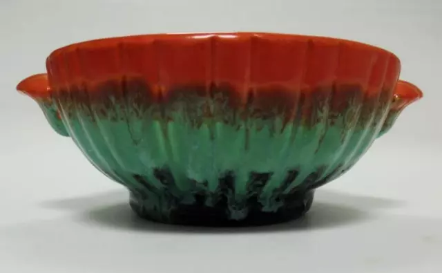 Vtg Art Deco Dumler Breiden Uranium Orange Green Blue Drip Glaze Pottery Bowl