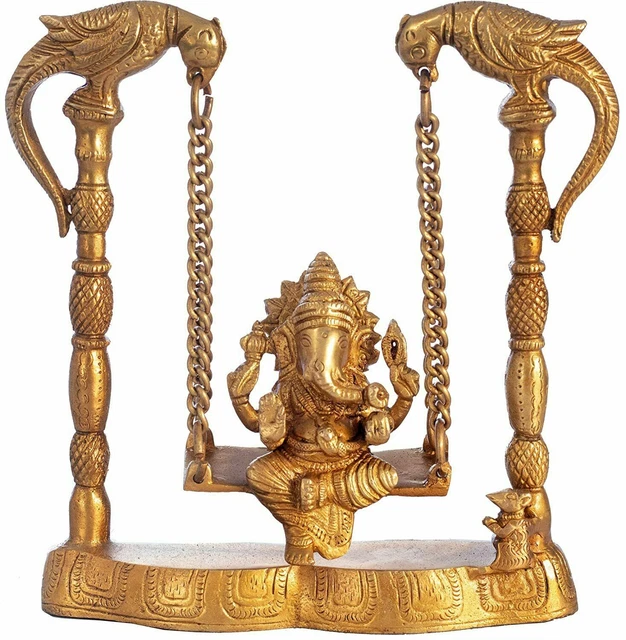 Brass sitting golden Ganesha on swing hindu elephant god home decor 7.7"