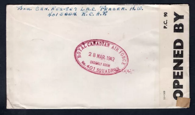 CANADA WW2 1942 RCAF No 401 Fighter Squadron Censored Cover. Orderly Room Stamp 3