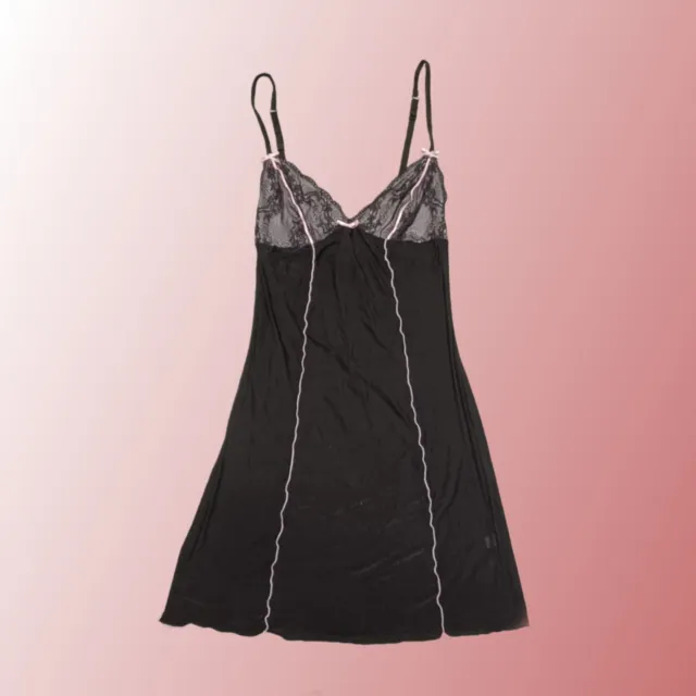 Lolita Mesh Slip Dress Nightie Size 8 Black Pink Bow Lace Chemise Nightwear Y2K