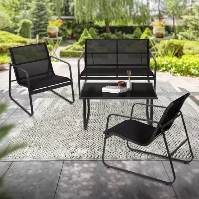 Ensemble de meubles de jardin 4 pièces noir table en verre canapé et 2 fauteuils