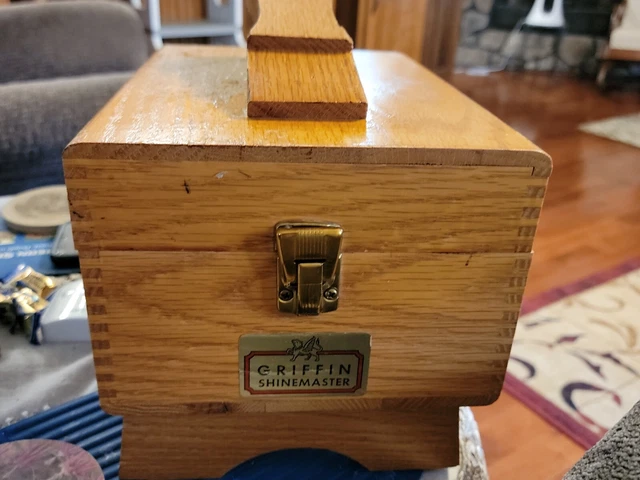 Vintage Griffin Shinemaster Dovetail Oak Shoe Shine Box W/ 3- Brushes