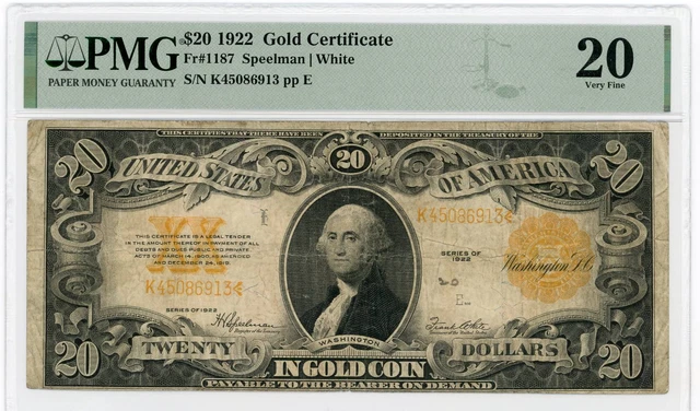 NobleSpirit No Reserve US Fr 1187 1922 $20 Gold Certificate PMG 20