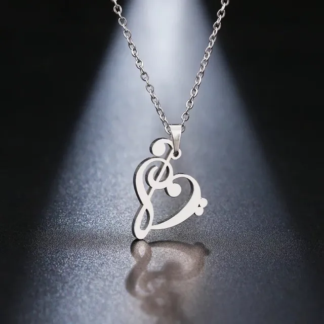 Musical Notes Heart Necklace - Treble Clef & Bass Clef - Musician Jewelry, 18”