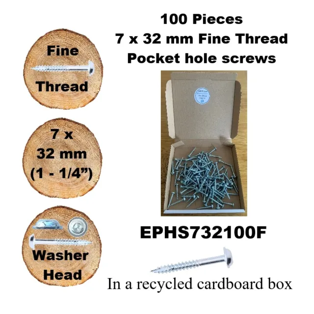 Pocket Hole Screws - 32mm ( 1- 1/4") x no. 7 Fine Thread -  EPHS732F - Like Kreg
