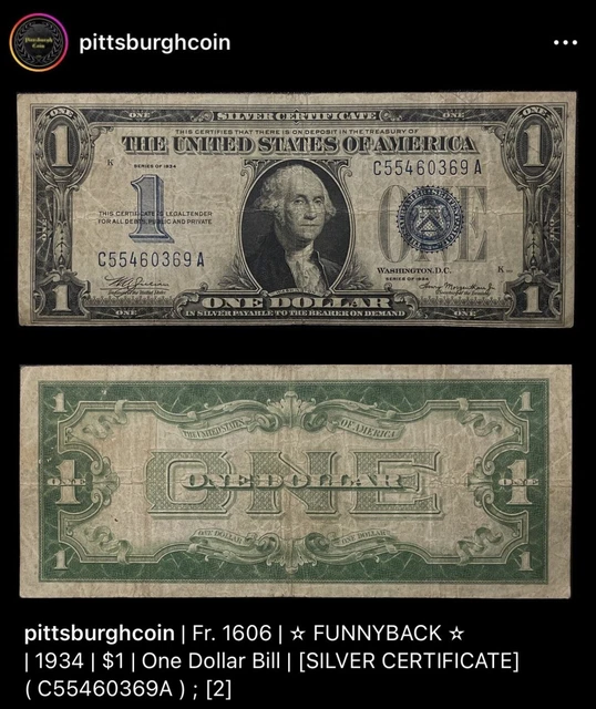 ☆Rare☆ Funnyback ☆ 1934 - Funny Back $1 Silver Certificate One Dollar Bill 🔥