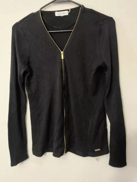 Calvin Klein Sweater Womens Small Black Full Zip Knit Ribbed Sweater Cardigan