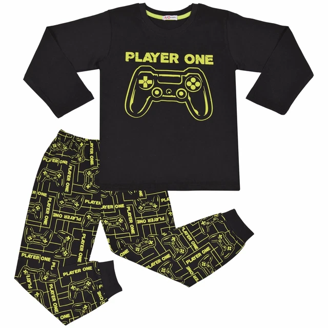 Kids Girls Boys Pyjamas Player One Contrast Top Bottom 2 Piece PJS Sleepwear Set