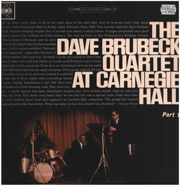 The Dave Brubeck Quartet At Carnegie Hall (Part 1) NEAR MINT CBS Vinyl LP