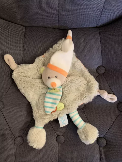 Doudou plat ours gris bonnet blanc orange pied rayé bleu Baby Nat Oscar L’ourson