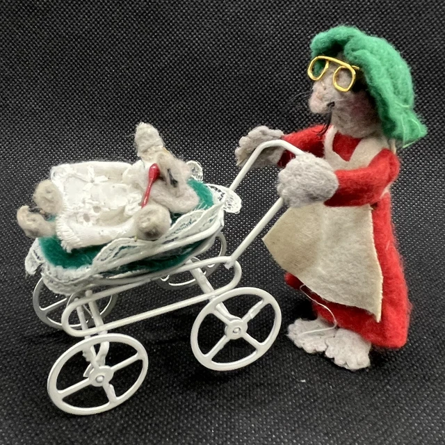 Vintage Handmade Christmas Ornament Little Grey Mouse With Baby
